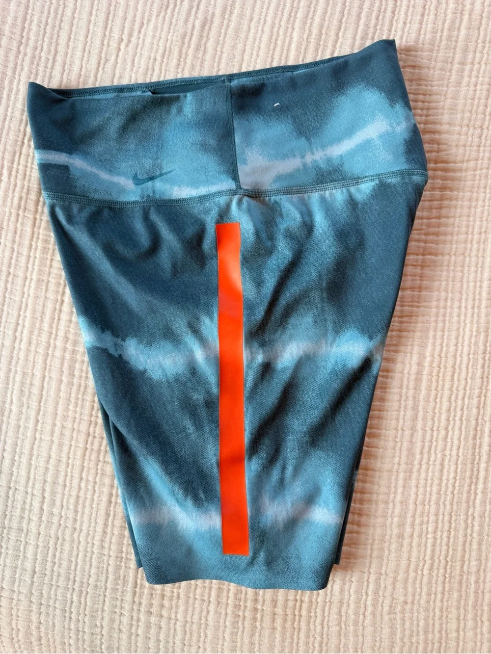 Nike Women's Blue Tie-Dye Bike Shorts with Orange Side Stripes